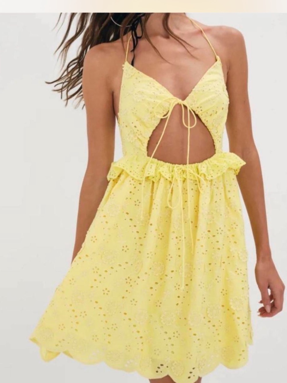 For Love & Lemons Yellow Eyelet Cutout Mini Dress